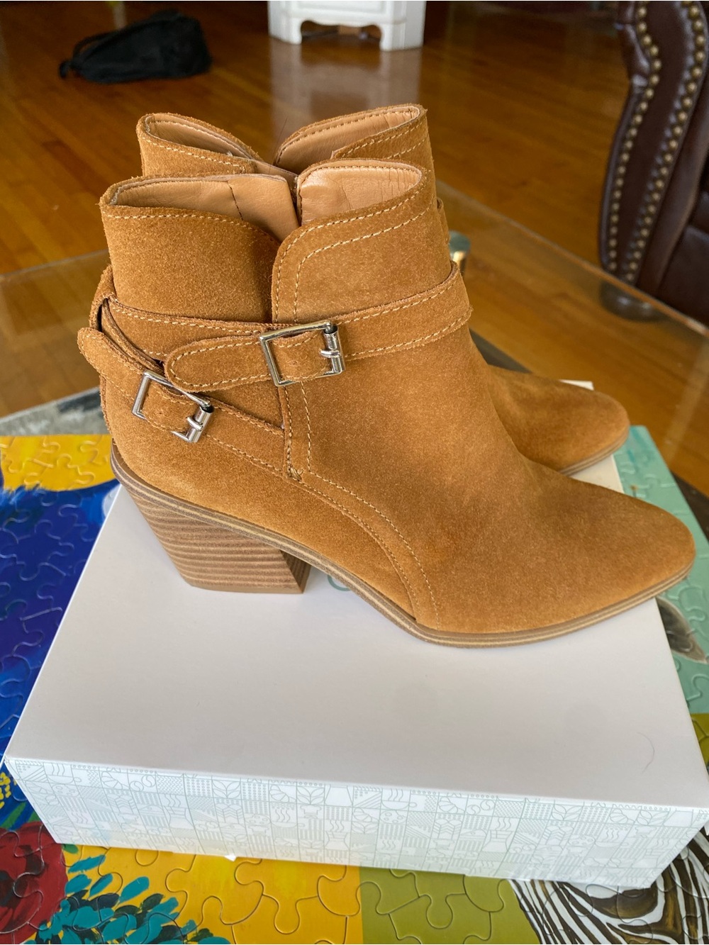 Nine West Women’s Suede Ankle Booties in Cognac - Stylish Buckle Detail